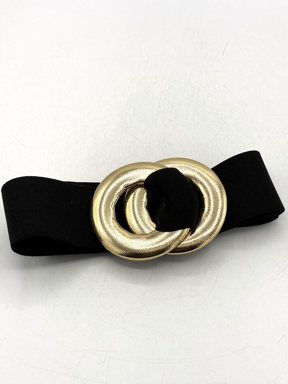 Black Stretch Waist Belt Oversized Gold Double Ring Buckle Vintage Style